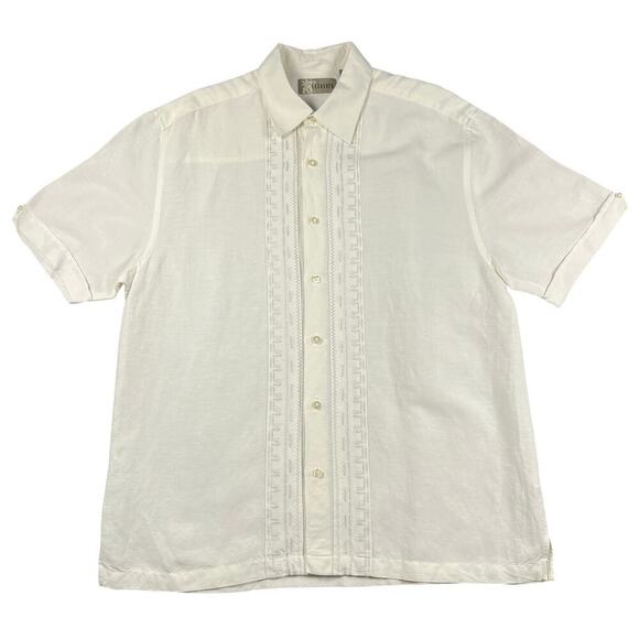 Cubavera Linen Blend Embroidered Short Sleeve Guayabera Shirt White Size L - Picture 1 of 9